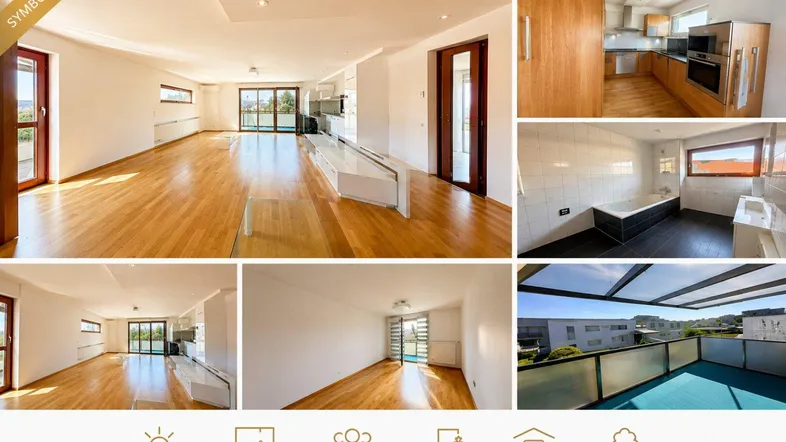 Collage zeigt verschiedene leere Innenräume wie Wohnzimmer, Küche, Bad und einen Balkon.
