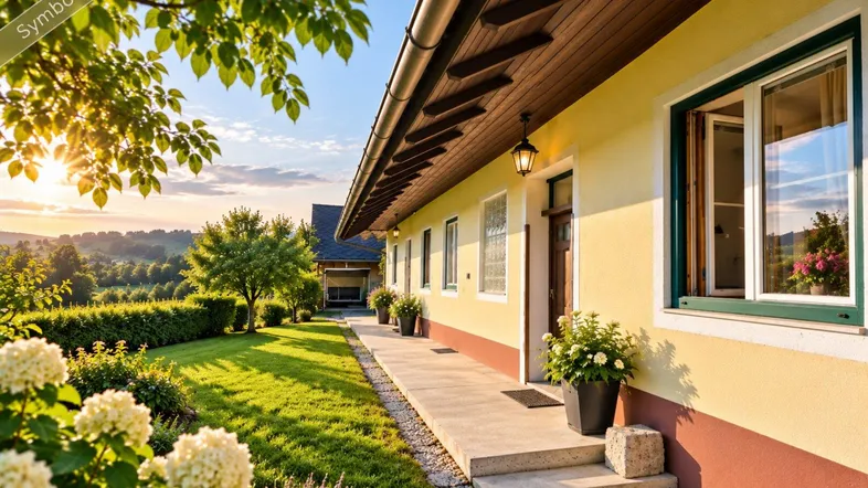 Gelbes Haus mit grünen Fensterrahmen und einem gepflegten Garten bei Sonnenuntergang mit weitem Blick.