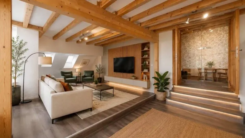 Geräumiges Wohnzimmer mit Holzbalkendecke, gemütlicher Sitzecke und integriertem TV-Bereich.