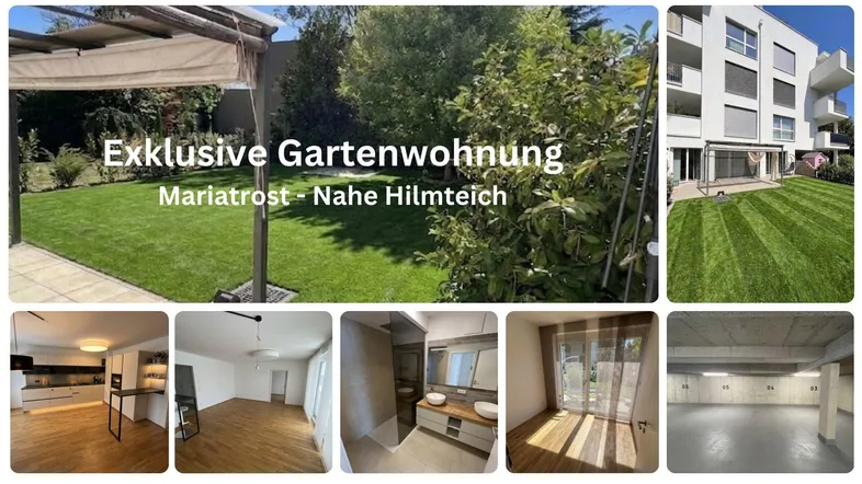 Exklusive Gartenwohnung mit großem Garten, moderner Architektur und Einblicken in stilvolle Innenräume.