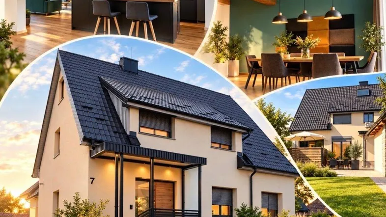 Collage mit Außenansicht des Hauses, moderner Küche und Essbereich, umgeben von Grün.
