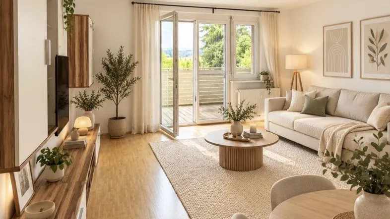 Heller Wohn- und Essbereich mit Holzboden, modernen Möbeln und Zugang zu einem Balkon mit Weitblick.
