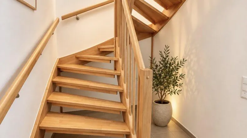 Heller Treppenaufgang mit Holzstufen und weiß gestrichenen Wänden, ergänzt durch eine dekorative Pflanze.