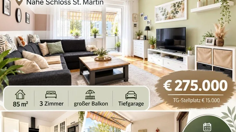 Helle Wohnung in Graz-Straßgang mit modernem Wohnzimmer, weißer Einbauküche und großem Balkon.