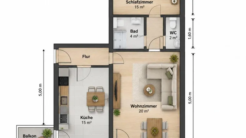 Detaillierter Grundriss einer Wohnung mit Schlafzimmer, Wohnzimmer, Küche, Bad, WC und zwei Balkonen.