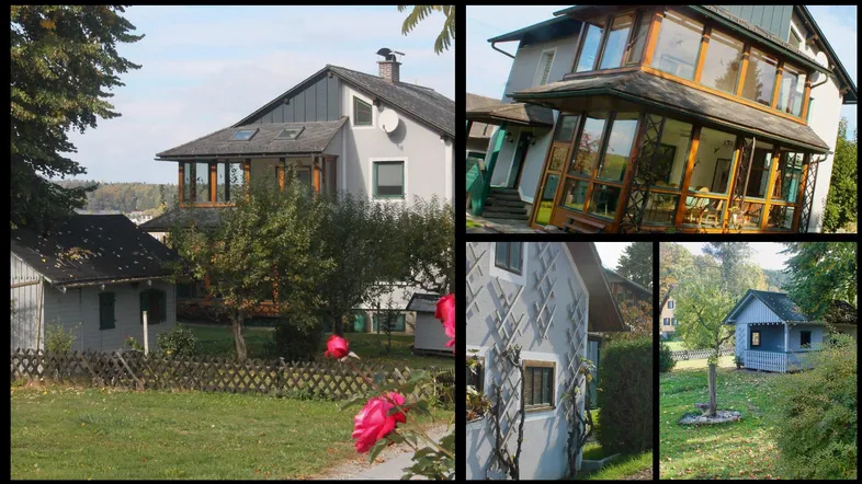 Verschiedene Ansichten des Hauses mit Garten, Nebengebäude und Blick auf die Umgebung.