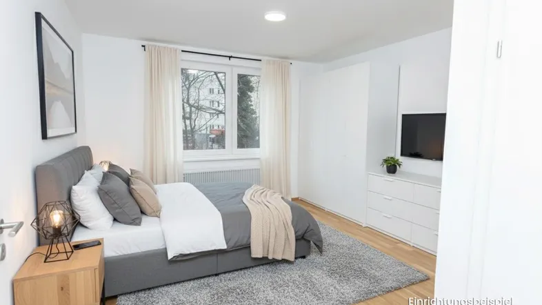 Modern eingerichtetes Schlafzimmer mit Doppelbett, Nachttisch und Kleiderschrank, als Einrichtungsbeispiel.