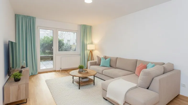 Helles Wohnzimmer mit beigem Sofa, Holzboden und Zugang zu einer Terrasse.