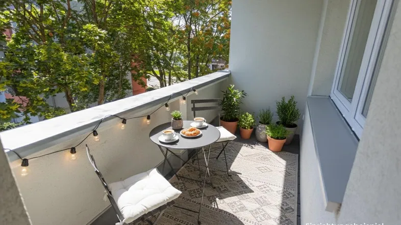 Gemütlicher Balkon mit Sitzgelegenheiten, Pflanzen und Lichterkette, umgeben von viel Grün.