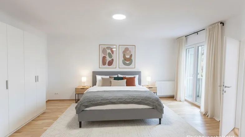 Helles Schlafzimmer mit Holzboden, weißem Kleiderschrank und Zugang zu einem Balkon als Einrichtungsbeispiel.