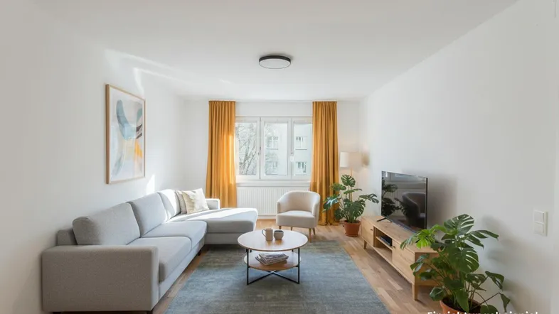 Helles Wohnzimmer mit modernem Sofa, Teppich und Blick auf die Umgebung.