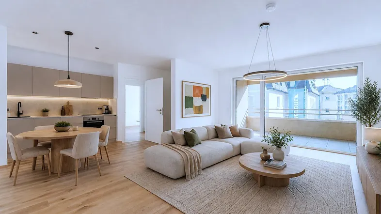 Moderner offener Wohn- und Essbereich mit integrierter Küche, Holzboden und Zugang zum Balkon.