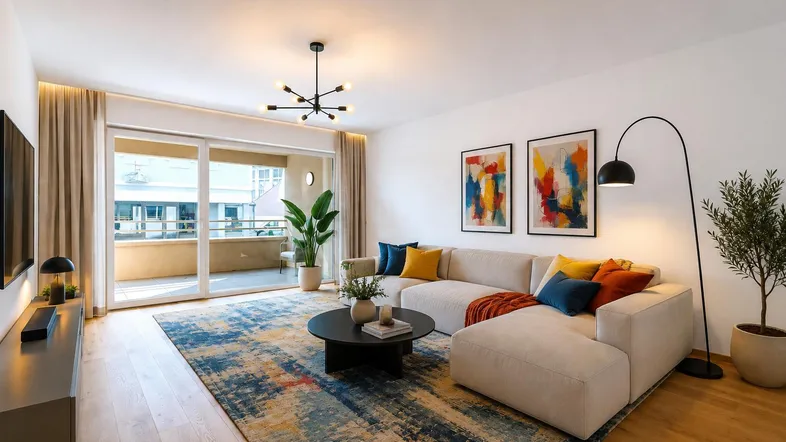 Helles, modern eingerichtetes Wohnzimmer mit großem Sofa, Holzboden und Zugang zu einem Balkon.