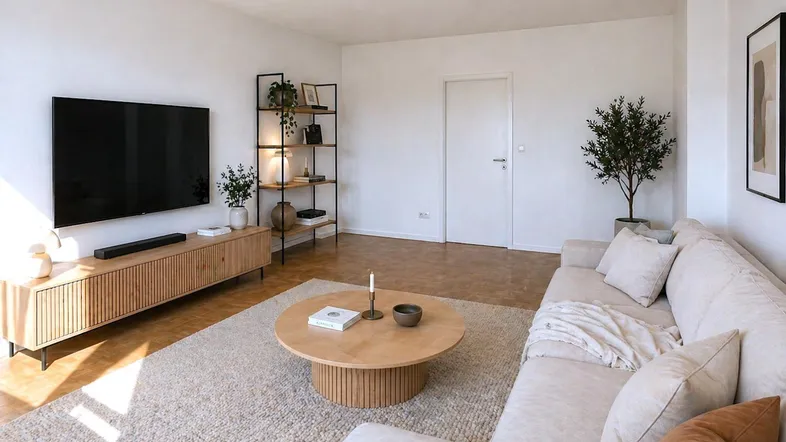 Helles Wohnzimmer mit modernem Sofa, Holzboden und minimalistischer Einrichtung.