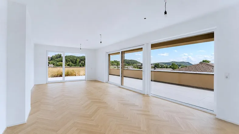 Helles, unmöbliertes Wohnzimmer mit Fischgrätparkett und Zugang zu einer großen Dachterrasse.