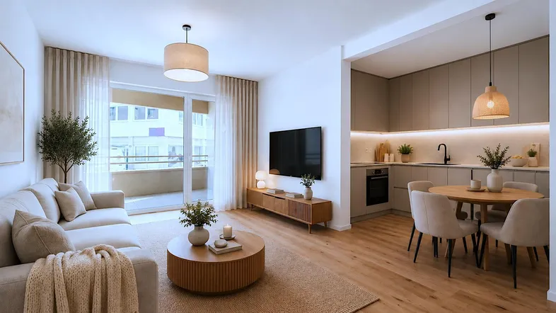 Heller, offener Wohn-Essbereich mit moderner Küche, Holzboden und Zugang zu einem Balkon.