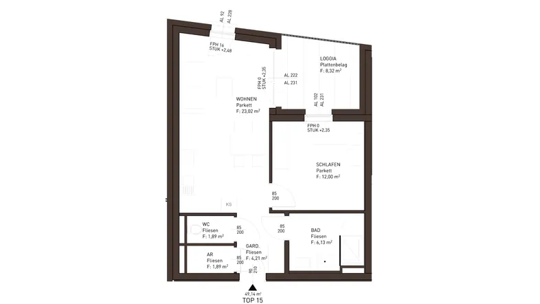Grundriss der Wohnung mit Wohnbereich, Schlafzimmer, Bad, WC und Loggia.