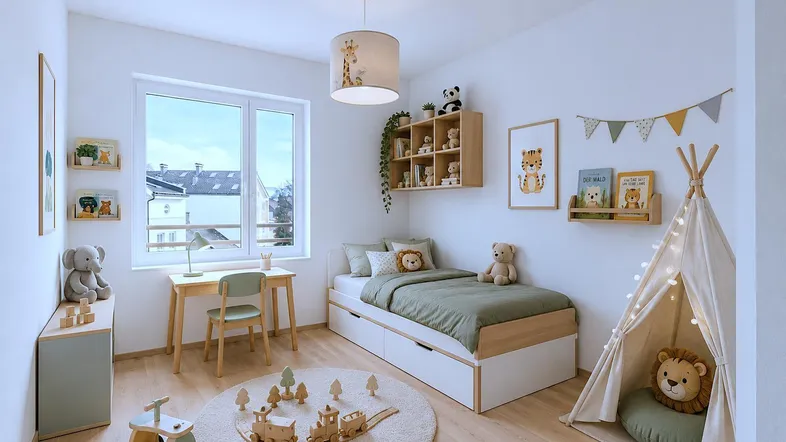 Helles Kinderzimmer mit Holzboden, Spielzelt und kindgerechter Dekoration, ideal für kleine Bewohner.