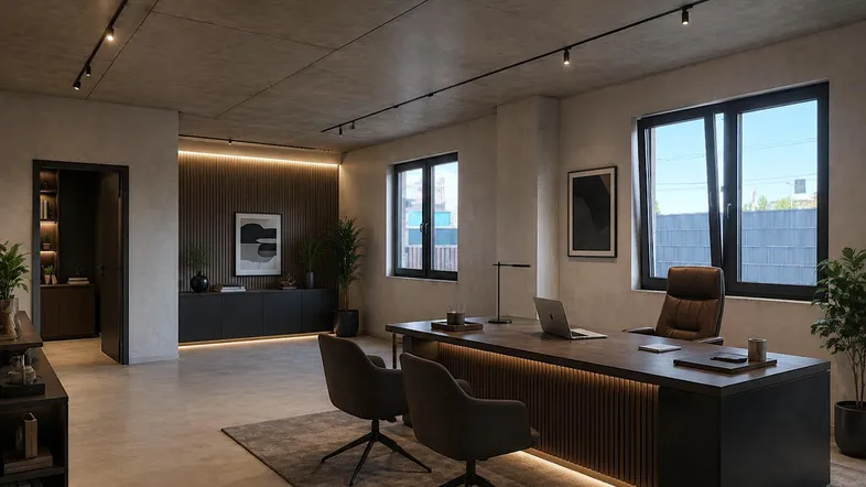 Modernes Büro mit dunklen Möbeln, indirekter Beleuchtung und großen Fenstern, die viel Tageslicht hereinlassen.