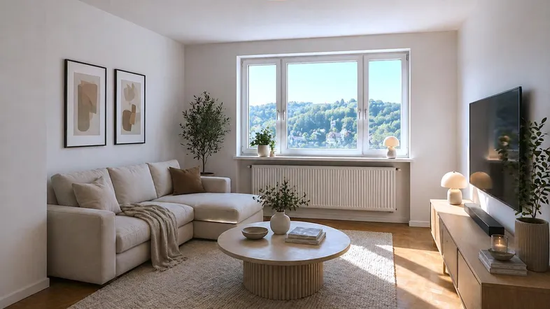 Helles Wohnzimmer mit beigem Ecksofa, Holzboden und weitem Blick ins Grüne.