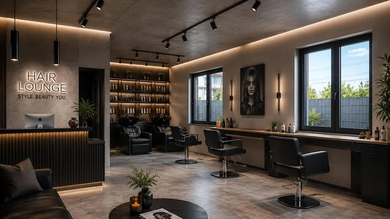 Moderner Friseursalon mit stilvoller Einrichtung, dunklen Möbeln und indirekter Beleuchtung für eine luxuriöse Atmosphäre.