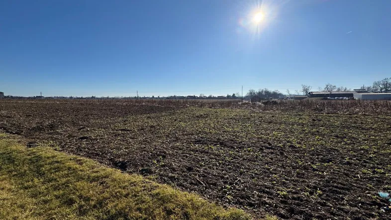 Weites, offenes Feld unter strahlend blauem Himmel, ideal für landwirtschaftliche Nutzung oder zukünftige Entwicklung.