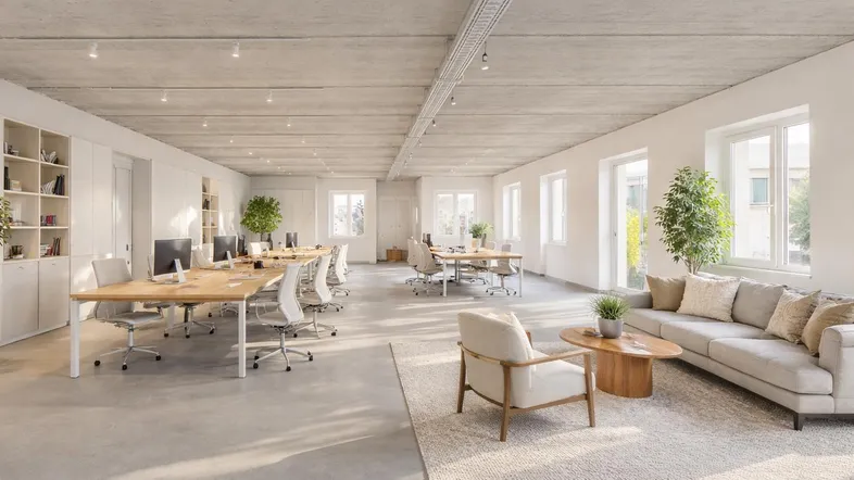 Helles und modernes Großraumbüro mit vielen Arbeitsplätzen und einer gemütlichen Lounge-Ecke.