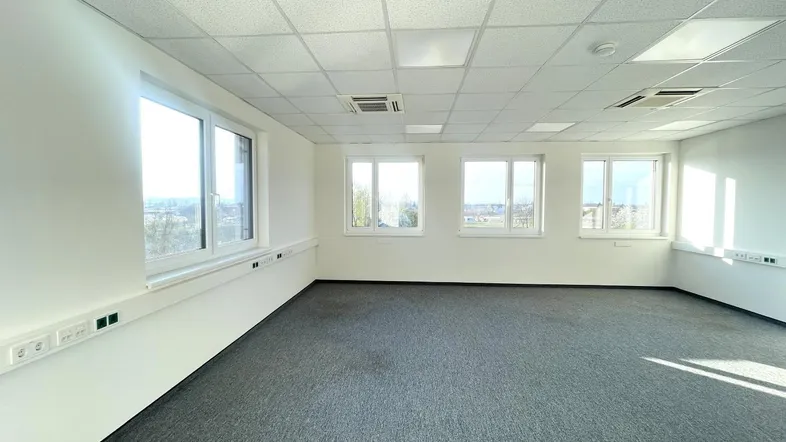 Geräumiges, leeres Büro mit Teppichboden, vielen Fenstern und abgehängter Decke mit Klimaanlage.