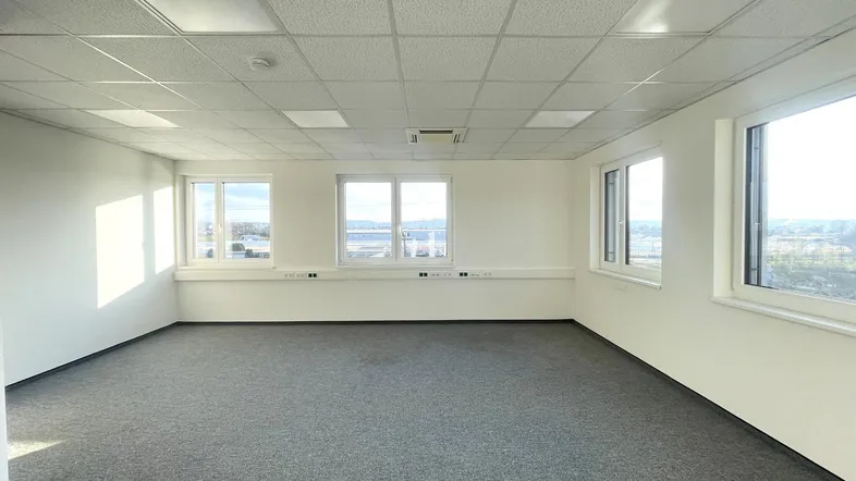 Geräumiges, leeres Büro mit grauem Teppichboden, weißen Wänden und vielen Fenstern für viel Tageslicht.