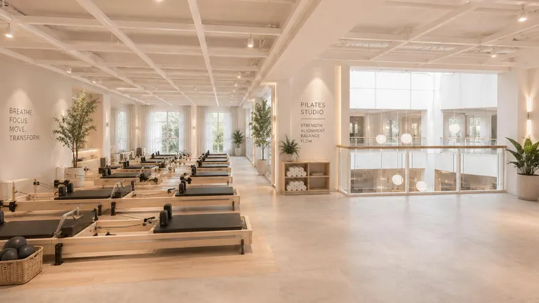 Heller und moderner Pilates-Studiobereich mit zahlreichen Reformern und viel Tageslicht durch große Fenster.