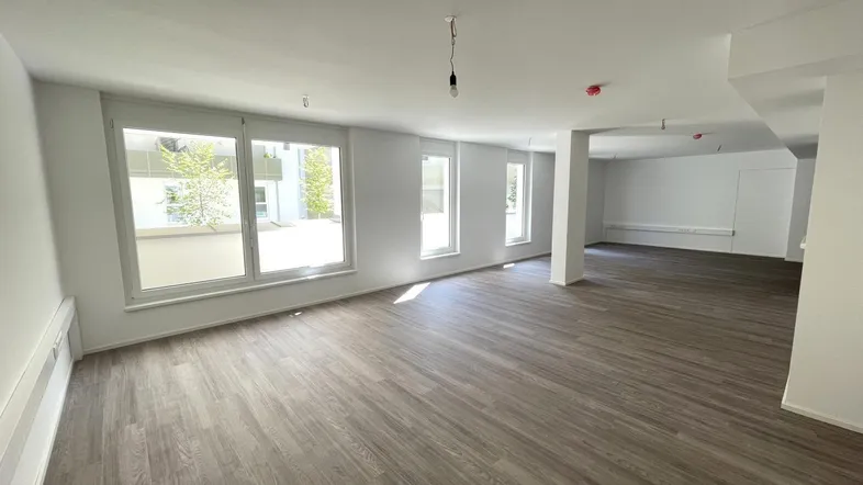 Großer, leerer Raum mit Holzoptik-Boden und mehreren Fenstern, die viel Tageslicht hereinlassen.