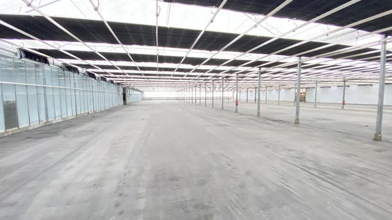 Großer, leerer Lagerraum mit hohen Decken und natürlichem Lichteinfall durch das Dach.