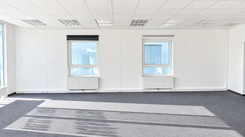 Heller Büroraum mit Teppichboden, Rasterdecke und zwei Fenstern, die Tageslicht hereinlassen.