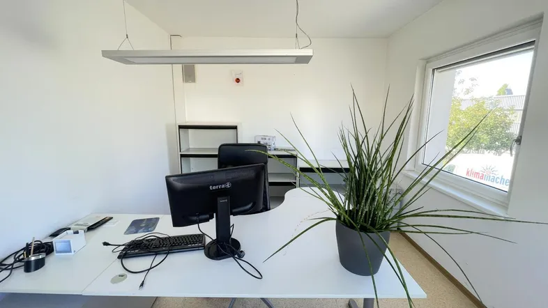 Helles Büro mit modernem Schreibtisch, Computer und einer Zimmerpflanze, ideal für konzentriertes Arbeiten.