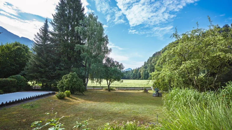 Weitläufiger Gartenbereich mit grüner Wiese, hohen Bäumen und Blick auf die umliegende Natur und Berge.