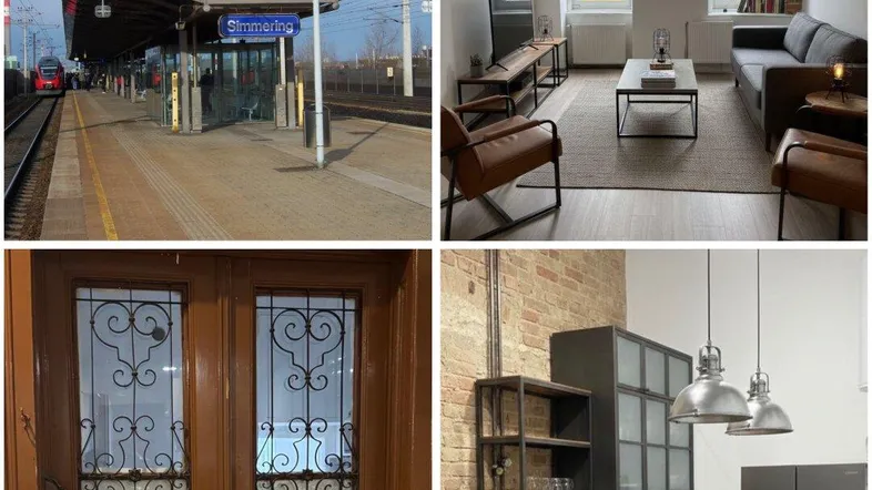 Vier Bilder zeigen verschiedene Bereiche der Immobilie, darunter ein modernes Wohnzimmer, eine Industrieküche und eine verzierte Tür.