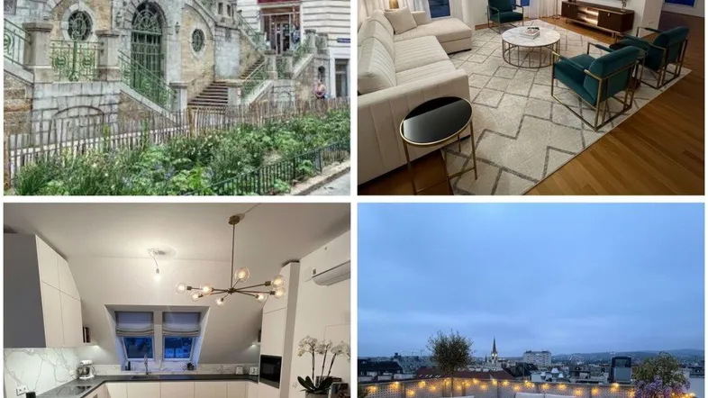 Collage mit modernem Wohnzimmer, Küche, Dachterrasse und historischer Stadtansicht.