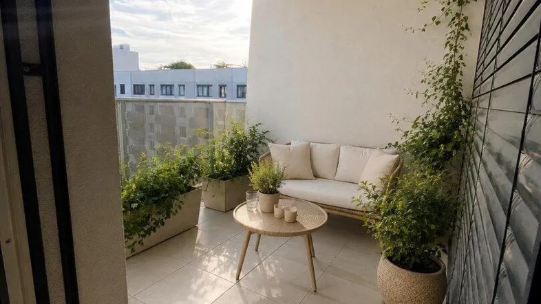 Heller Balkon mit Fliesenboden, bequemen Gartenmöbeln und grünen Pflanzen für entspannte Stunden im Freien.