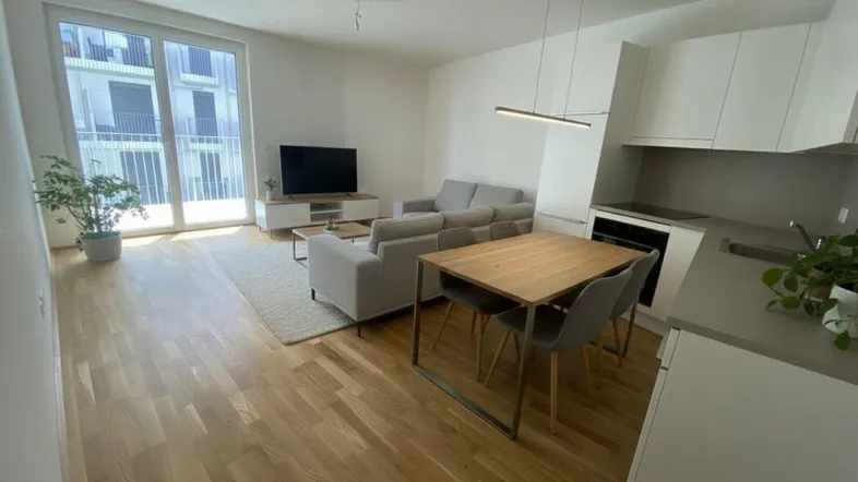 Helles, offenes Wohn-Esszimmer mit integrierter Küche, Parkettboden und Zugang zum Balkon.