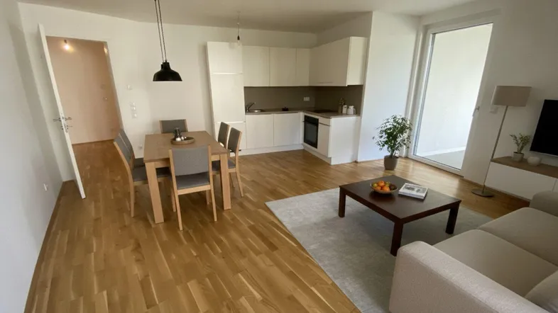 Heller offener Wohn-Essbereich mit integrierter Küche, Parkettboden und Zugang zum Balkon.
