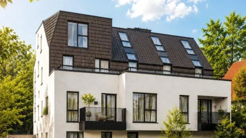 Modernes Mehrfamilienhaus mit Mansarddach und gepflegter Außenanlage an einem sonnigen Tag.