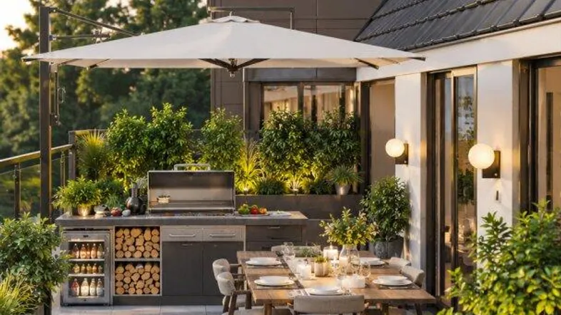 Geräumige Dachterrasse mit Essbereich, Lounge-Möbeln und integrierter Außenküche unter einem Sonnenschirm.