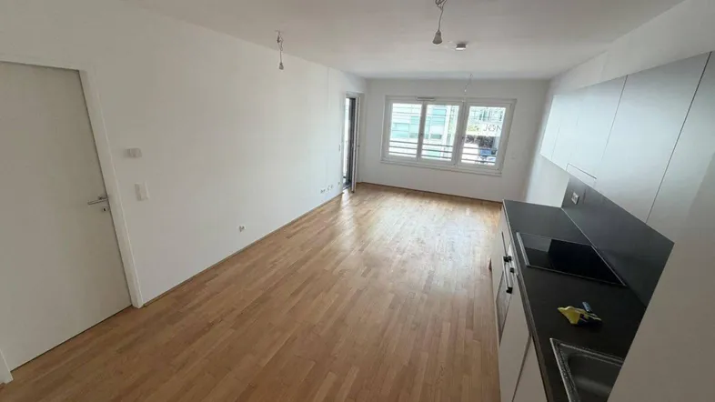 Helles Wohnzimmer mit Parkettboden und integrierter Küchenzeile, ideal für offenes Wohnen.