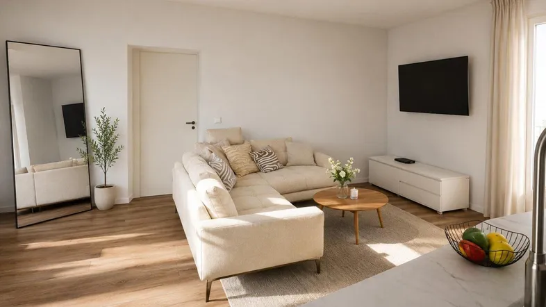 Helles Wohnzimmer mit beigem Ecksofa, Holzboden und modernem Flachbildfernseher.