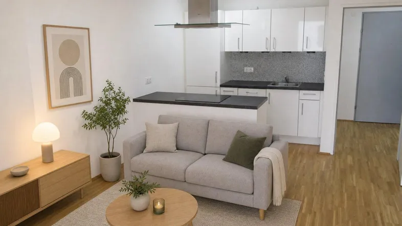 Modernes Wohnzimmer mit offener Küche, Sofa und Holzboden, als Einrichtungsvorschlag dargestellt.