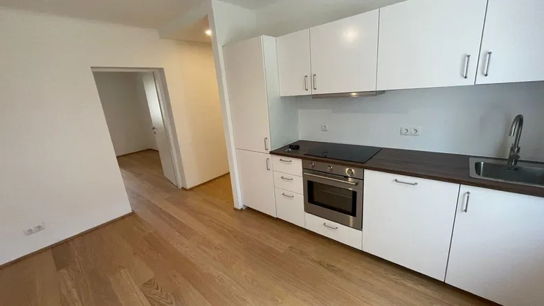 Moderne Einbauküche mit weißen Schränken, dunkler Arbeitsplatte und Holzboden in einem offenen Wohnbereich.