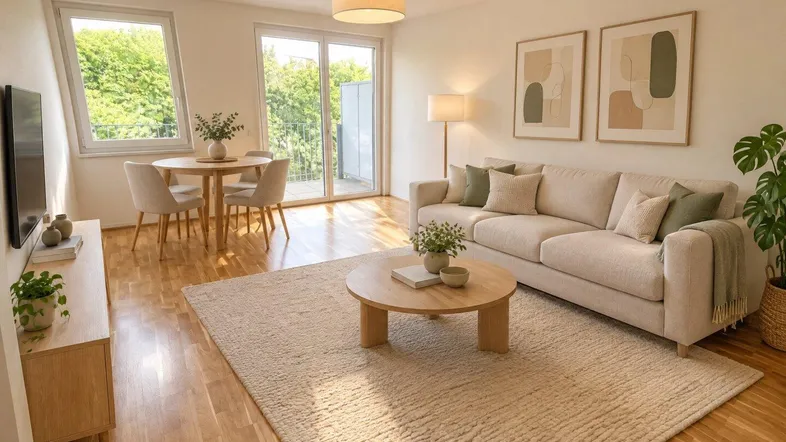 Helles Wohn- und Esszimmer mit Parkettboden, beiger Couch und Zugang zum Balkon.
