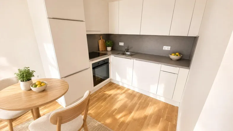 Moderne Küche mit weißen Schränken, Holzboden und einem kleinen Essbereich als Einrichtungsvorschlag.