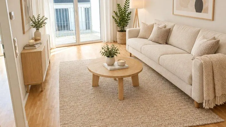 Helles Wohnzimmer mit beigem Sofa, Holzboden und Zugang zu einem Balkon, modern eingerichtet.