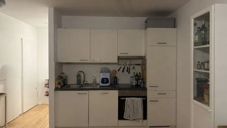 Kompakte Einbauküche mit hellen Schränken, Spüle und Kochfeld in modernem Design.